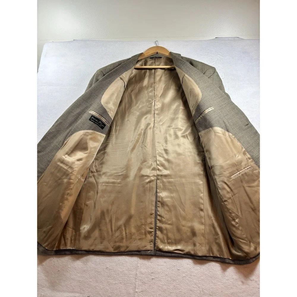 Andrew Fezza Blazer Mens 48L‎ Tan Wool Houndstooth Sport Coat Jacket Old Money